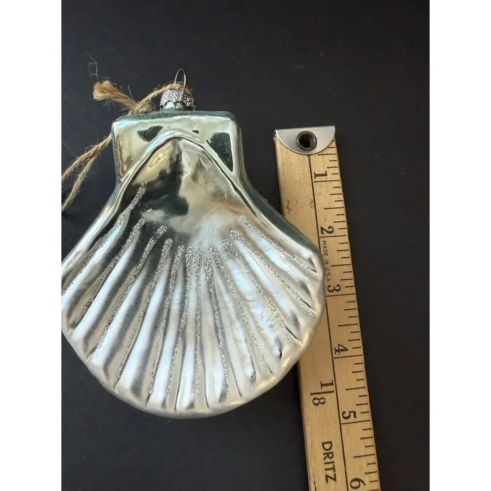 Blown Glass Beaded Scallop Seashell Christmas Ornament Handcrafted Coastal Beach